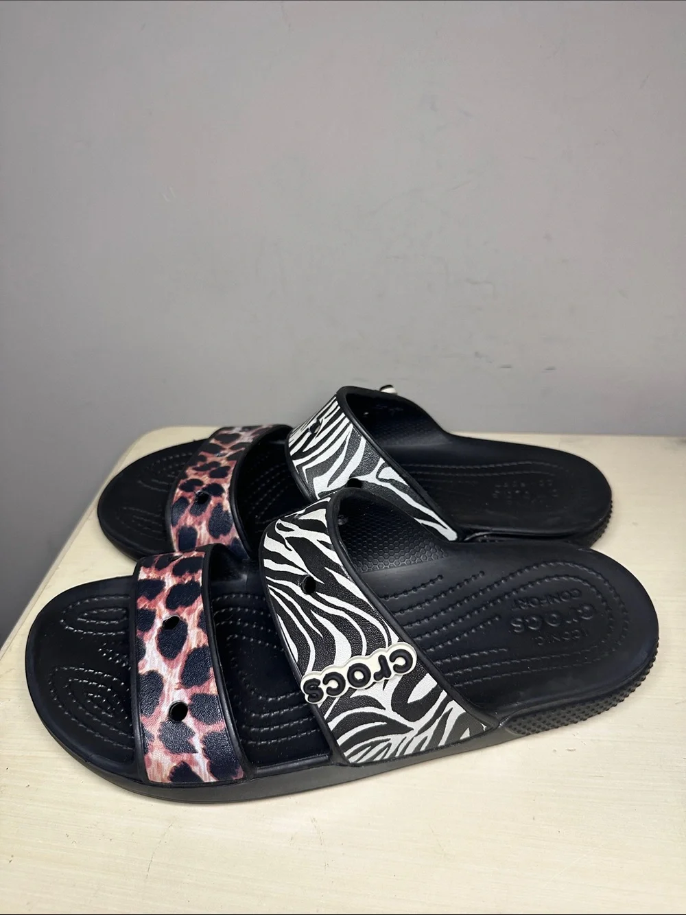 CROCS Black Slides with Zebra & Leopard Straps animal remix sandals